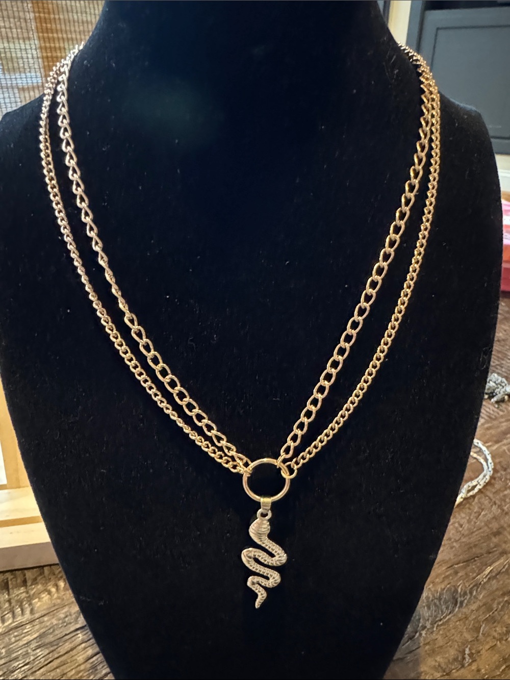 Gold-Tone Double Chain Necklace with Snake Pendant